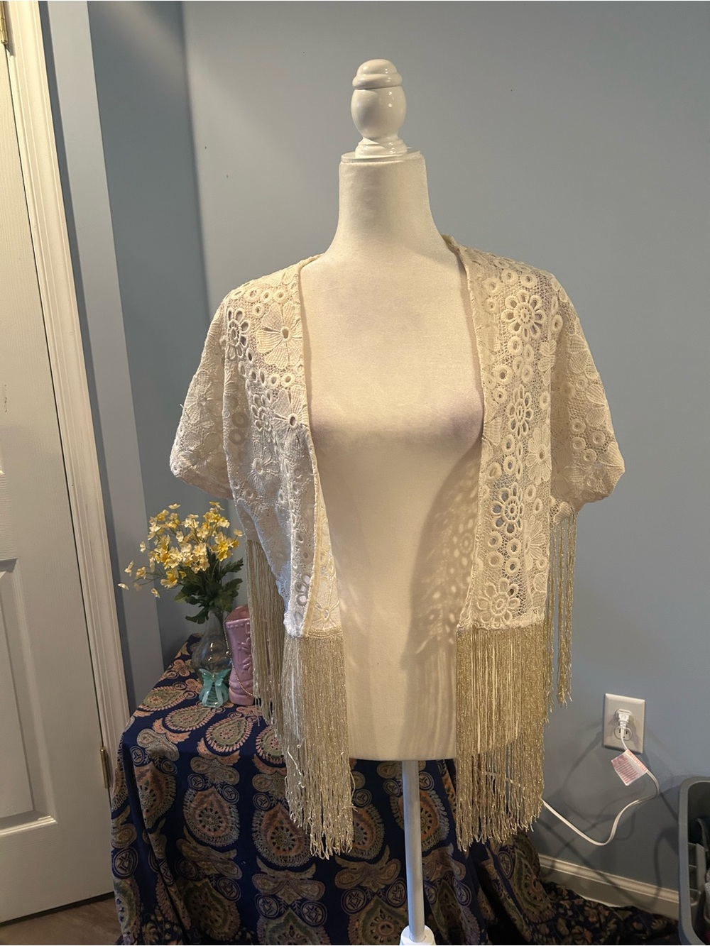 vintage lace and gold fringe kimono